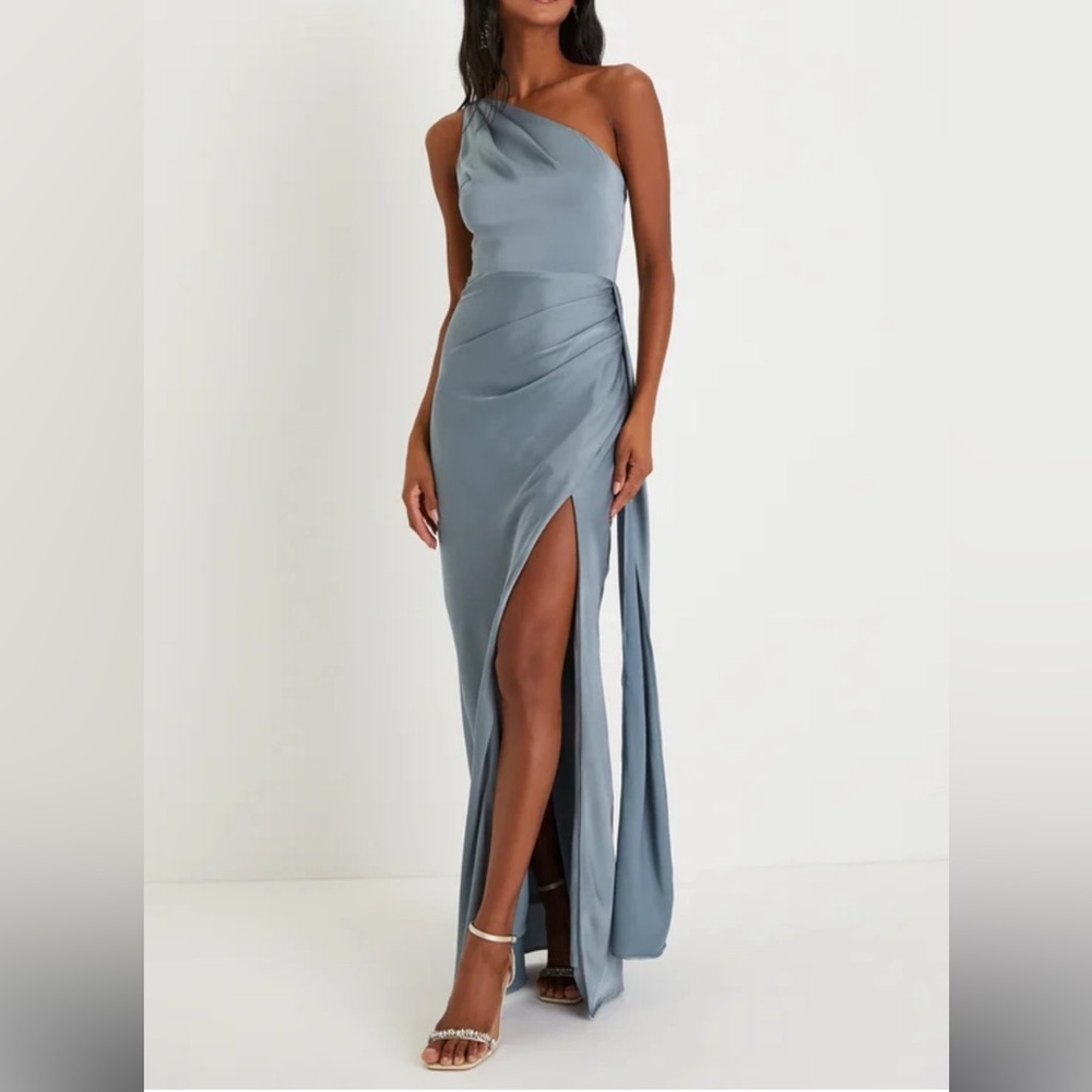 PROM DRESS Lulu’s Elegance Slate Blue Satin One-Shoulder Maxi Dress size XS